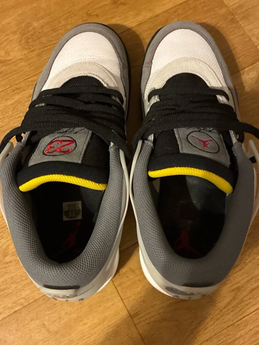 Jordan Men's Athletic Sneakers in White, Gray, Black with Red and Yellow Accents